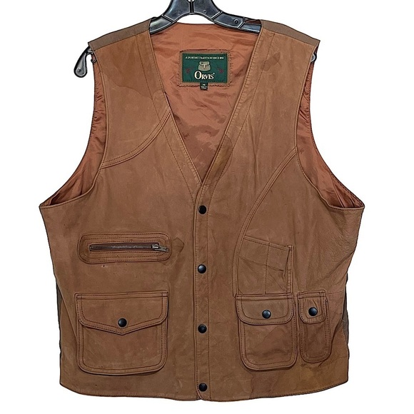 ORVIS Cognac Suede Leather Sportsman Munitions Snap Front Outdoors Vest  Medium - Picture 1 of 13